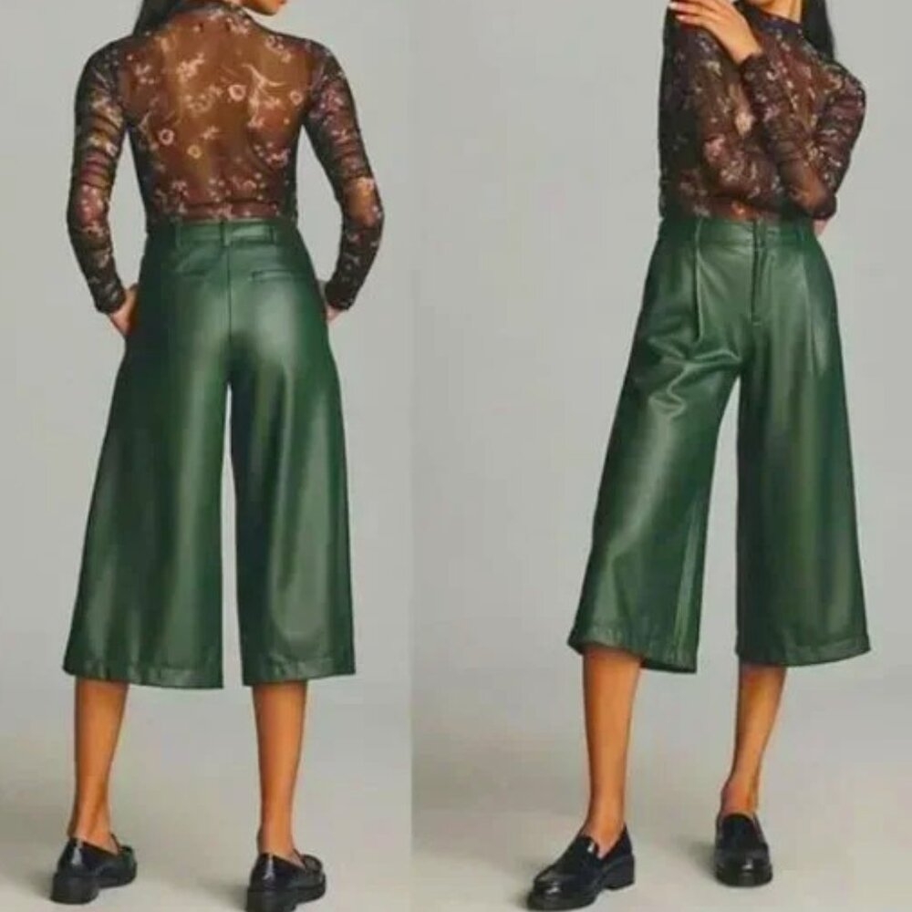 Anthropologie Crop Pants Women's Size 6 Forest Green Culottes Soft Faux Leather